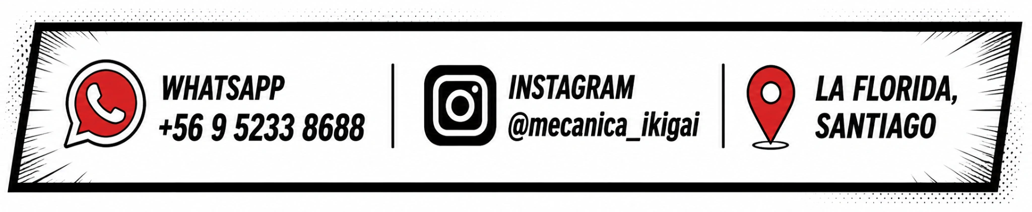 WhatsApp +56 9 5233 8688, Instagram @mecanica_ikigai, La Florida, Santiago