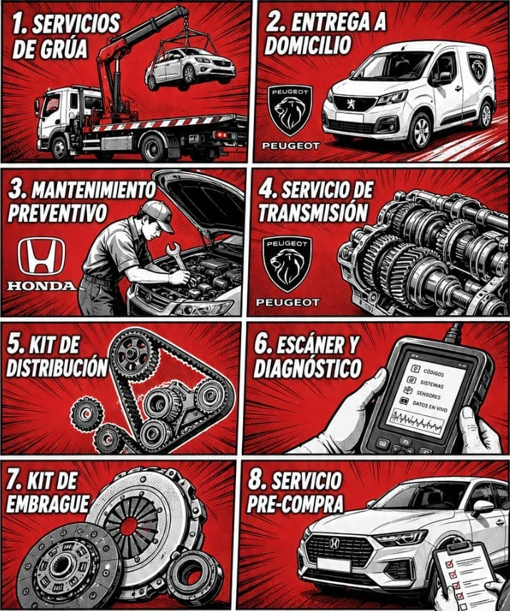 Ocho servicios: grúa, entrega a domicilio, mantenimiento preventivo, transmisión, kit de distribución, escáner y diagnóstico, kit de embrague y servicio pre-compra